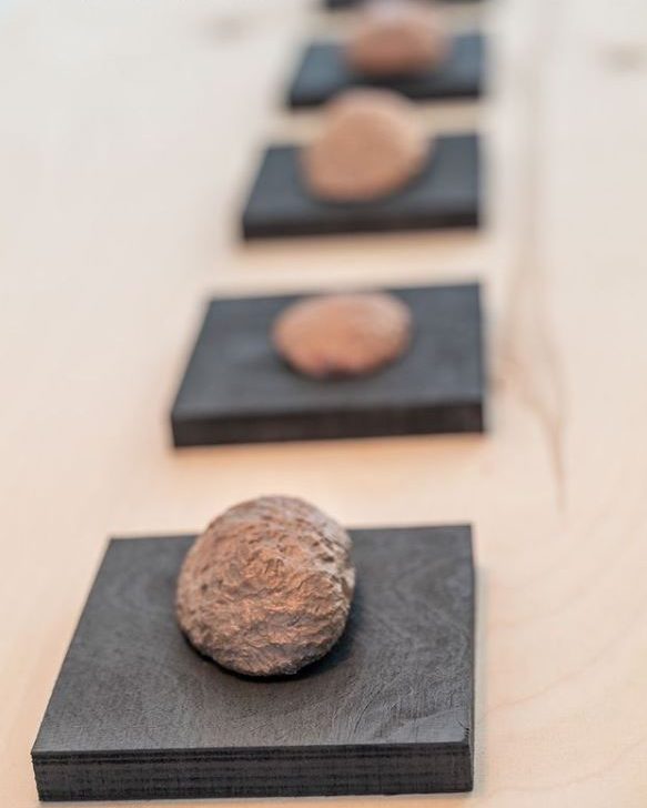 Small sculpted forms displayed on dark wooden blocks